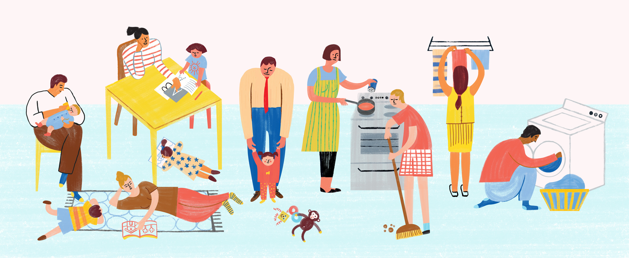 Illustration of folks doing chores around the house