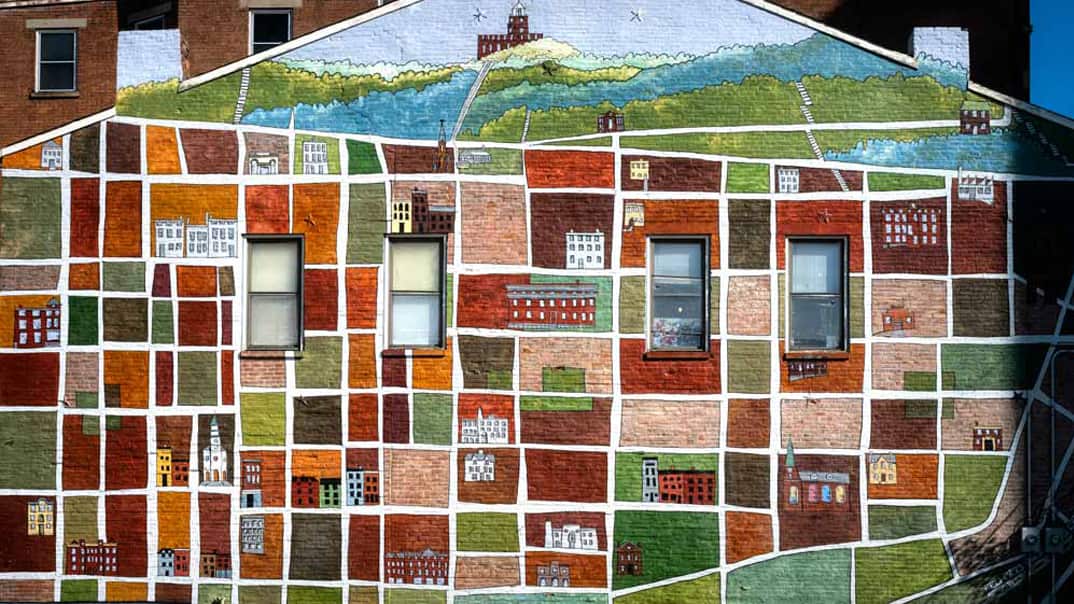 Building with mural of city streets