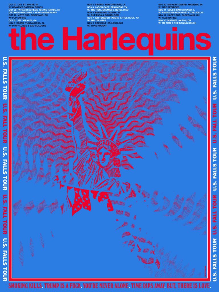Blue and red poster for the Harlequins band featuring a psychedelic design incorporating the Statue of LIberty