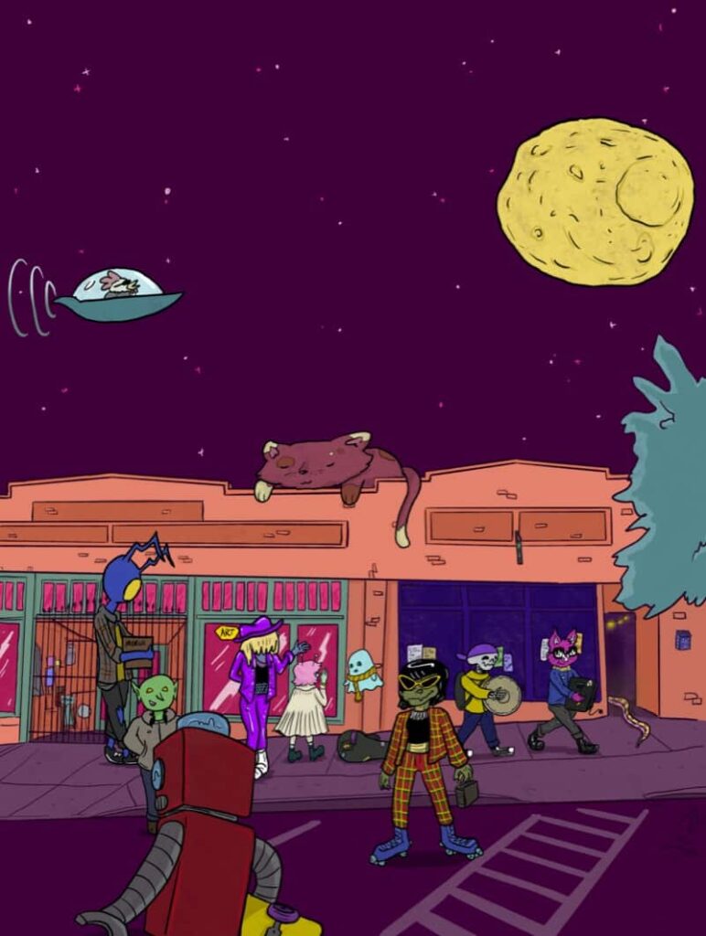 Illustration of a building a night with a cat asleep on the roof, a full moon, a chicken in a space ship and lots of characters out front
