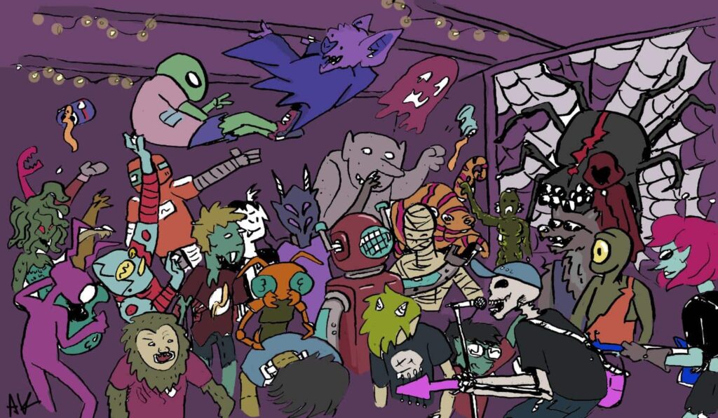 illustration of a party with lots of different characters like robots and aliens and animals and insects