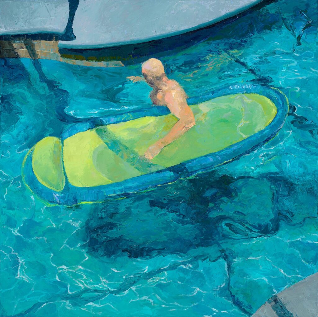 Painting of man holding float in pool