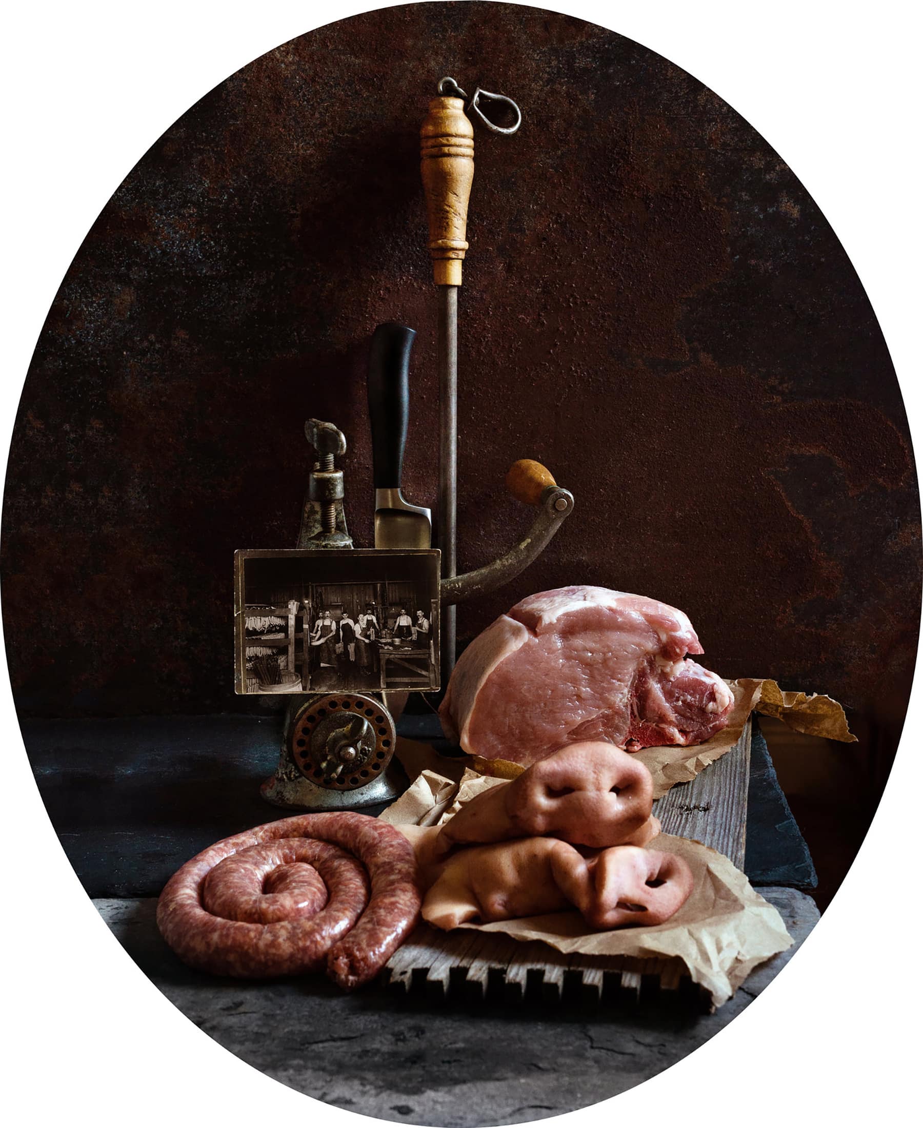 still life with meats and kitchen implements