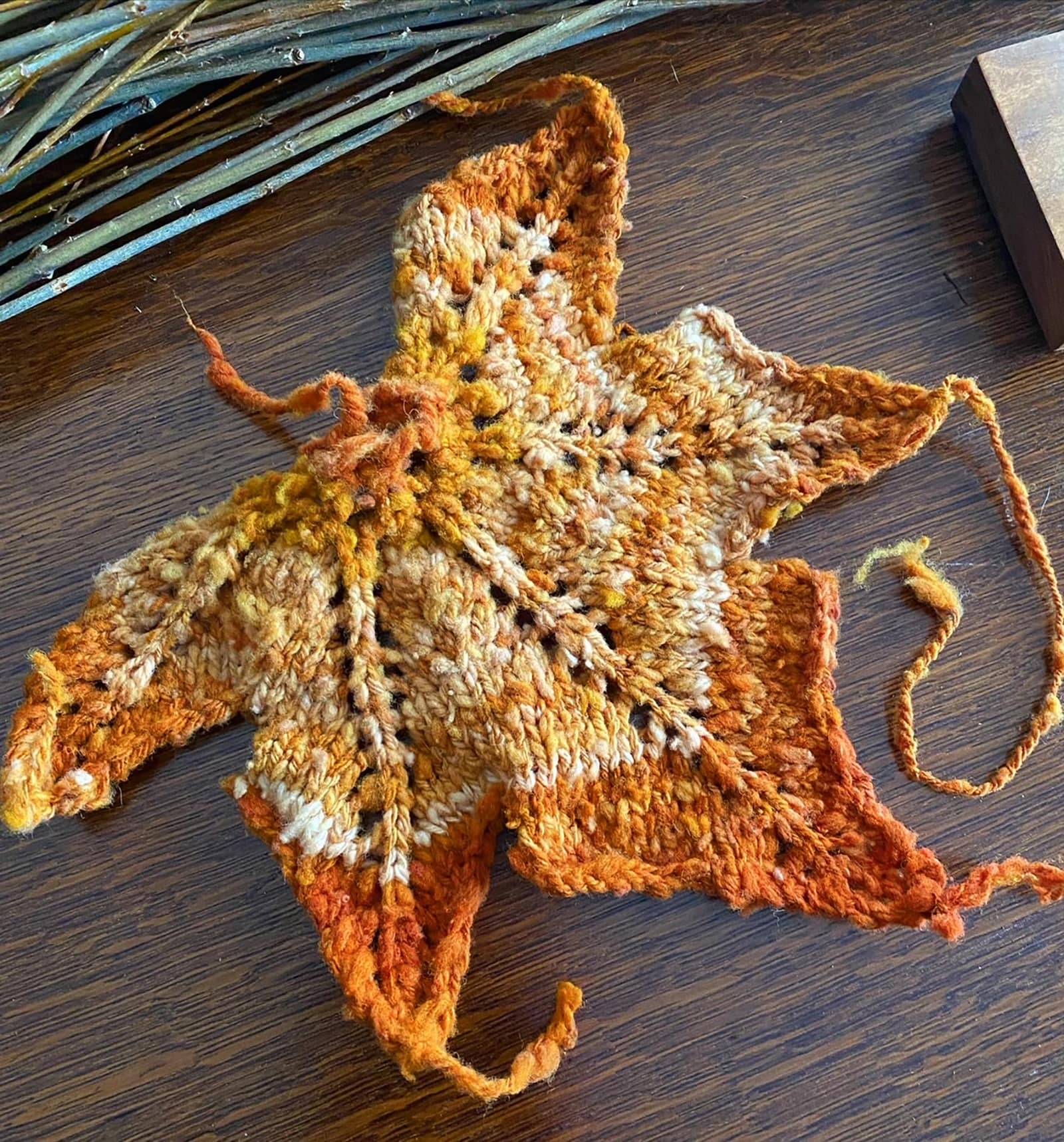 Handspun natural dye knitted leaf