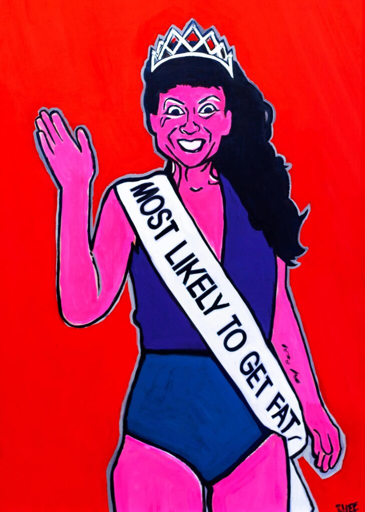 Painting of a pageant winner in crown with a sash that reads "Most likely to get fat"