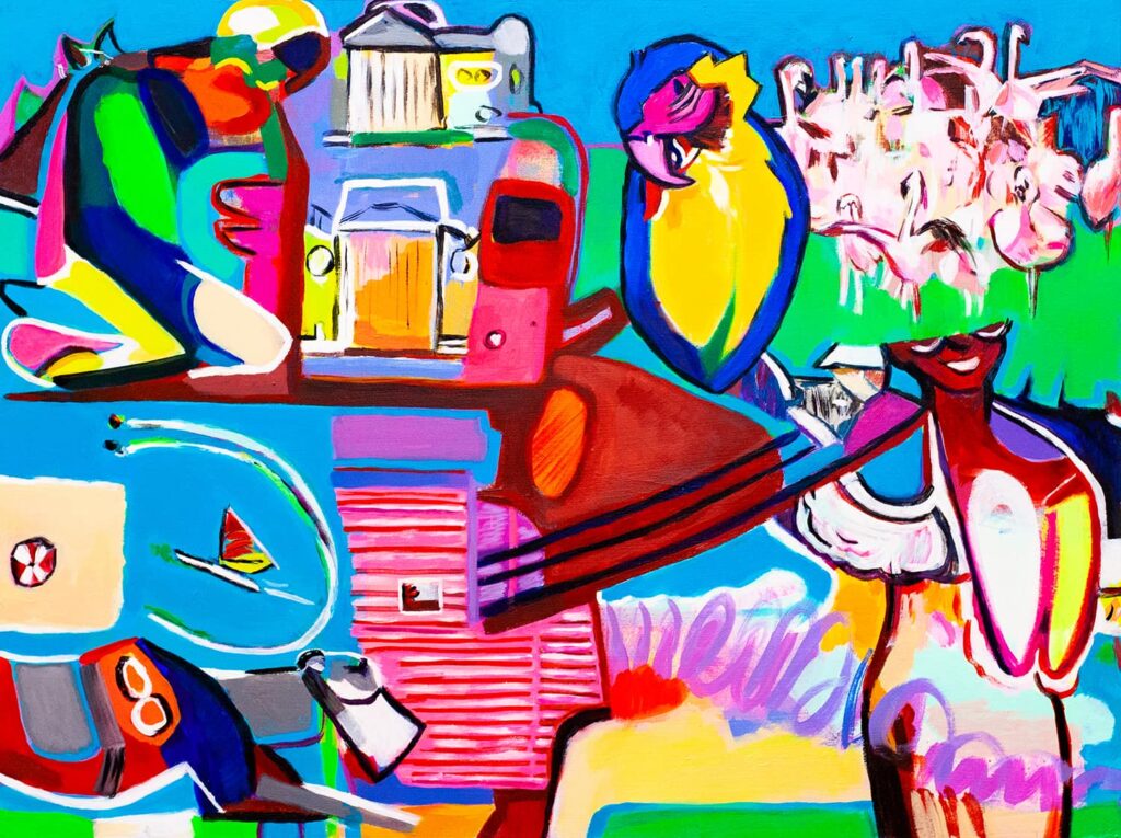 Colorful painting with parrot and abstract shapes