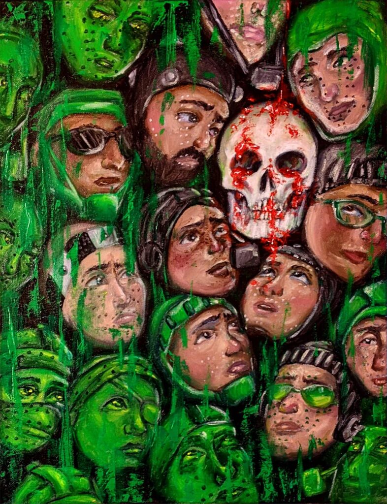 Painting of skull surrounded by heads