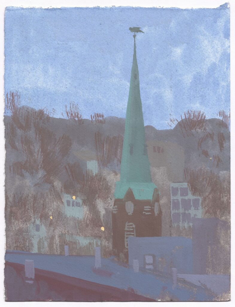 painting of church in morning light