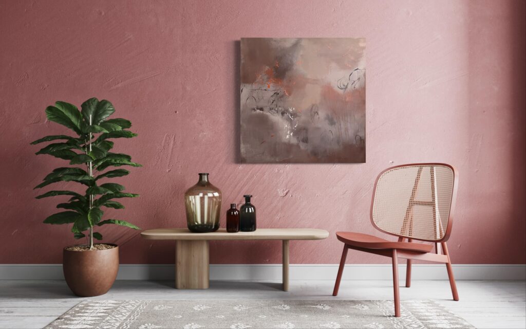 Abstract painting on mauve wall